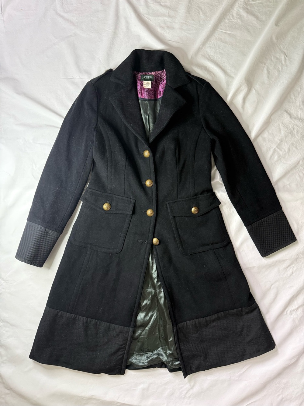 J. Crew Black Wool Blend Military-Style Trench Coat with Gold Buttons